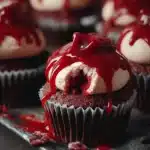 Vampire Bite Halloween Cupcakes with red filling and spooky decorations