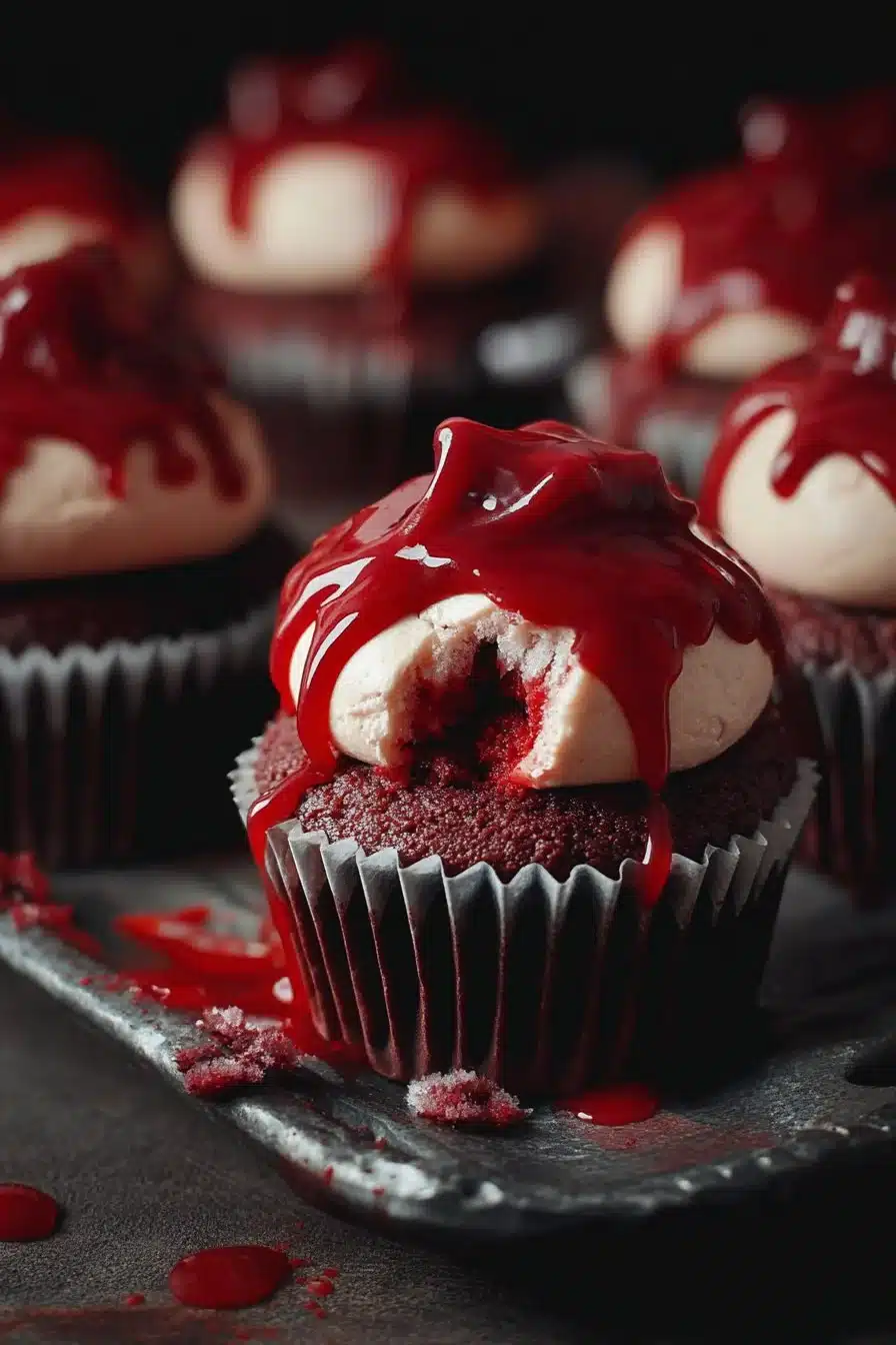 Vampire Bite Halloween Cupcakes with red filling and spooky decorations