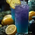 A glass of Witches Brew Lemonade with spooky decorations