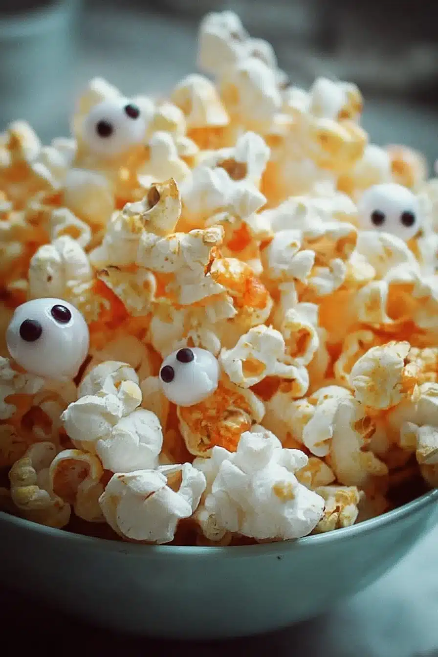Witches' Brew Popcorn with colorful toppings in a spooky-themed bowl.