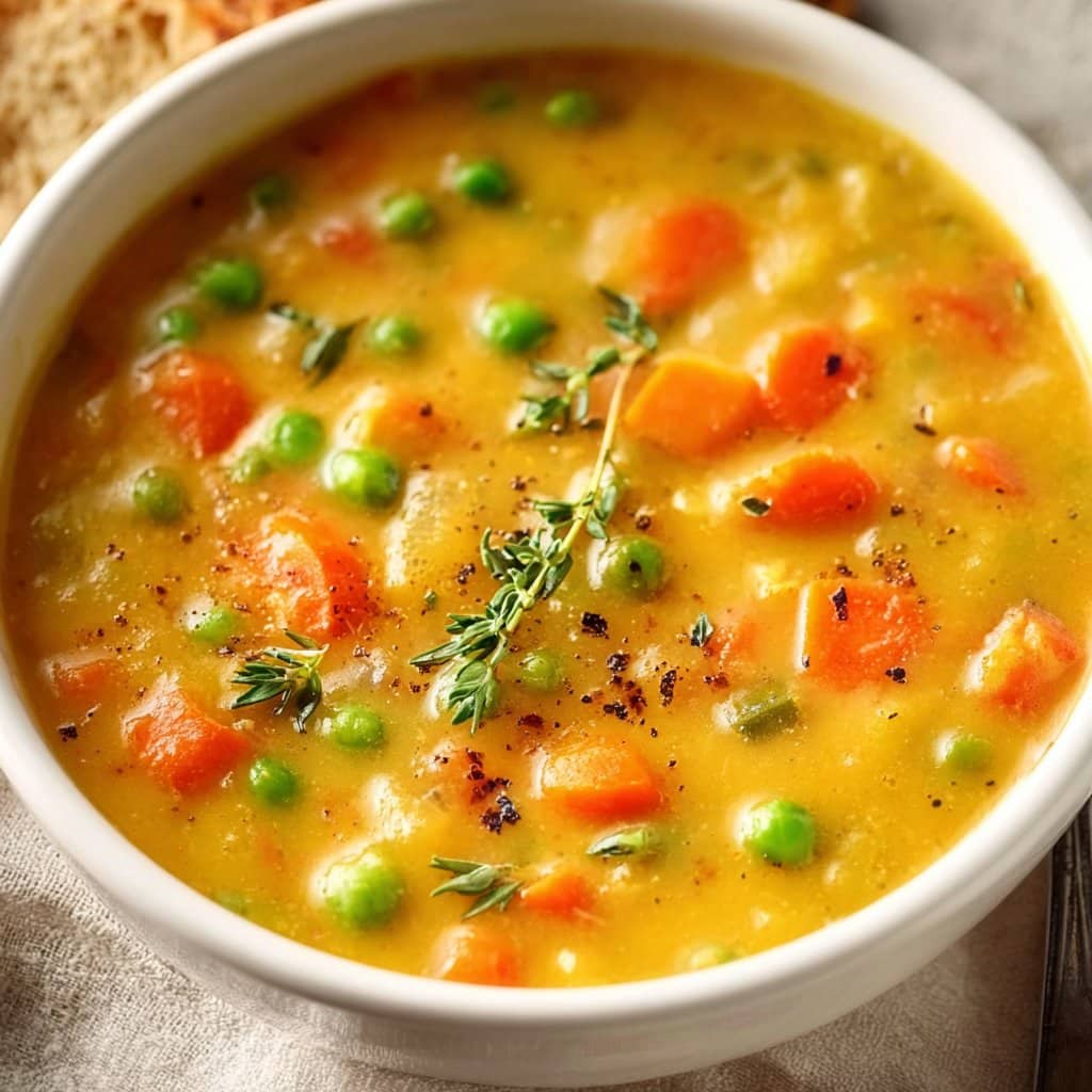 Bowl of comforting one-pot creamy vegetable soup garnished with fresh herbs