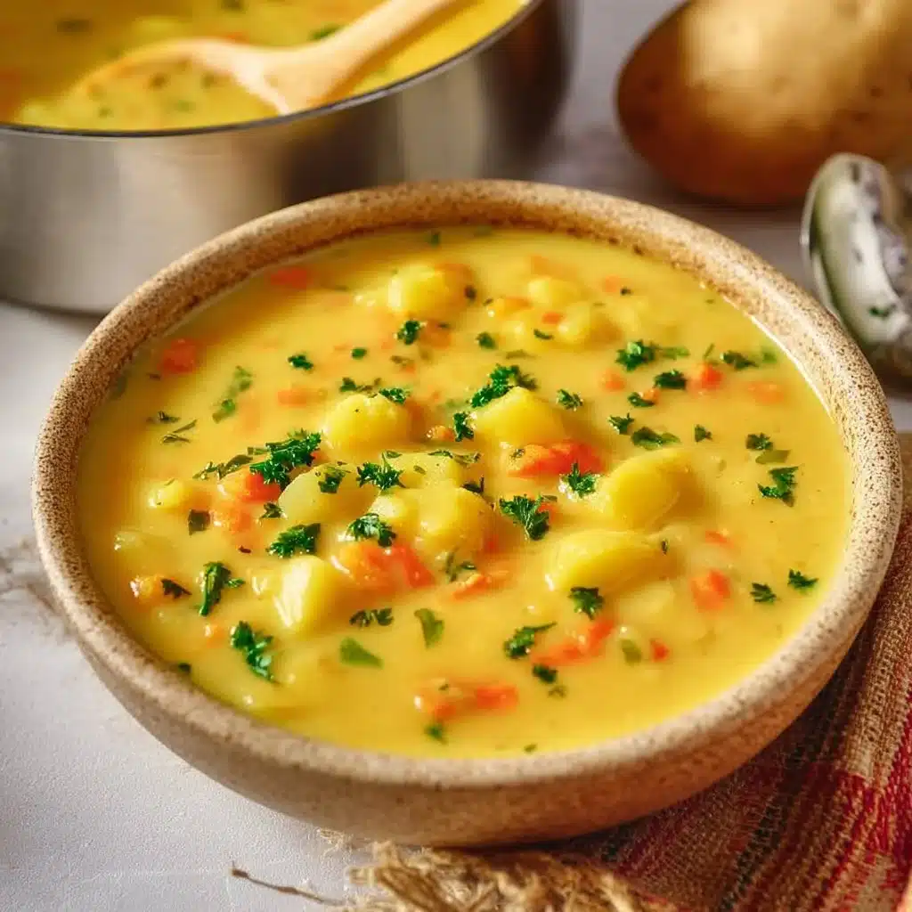 Bowl of authentic German Potato Soup garnished with herbs and spices.