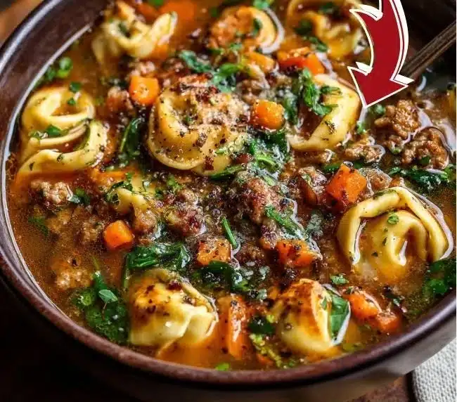 Bowl of Autumn Tortellini Soup with Sausage garnished with herbs