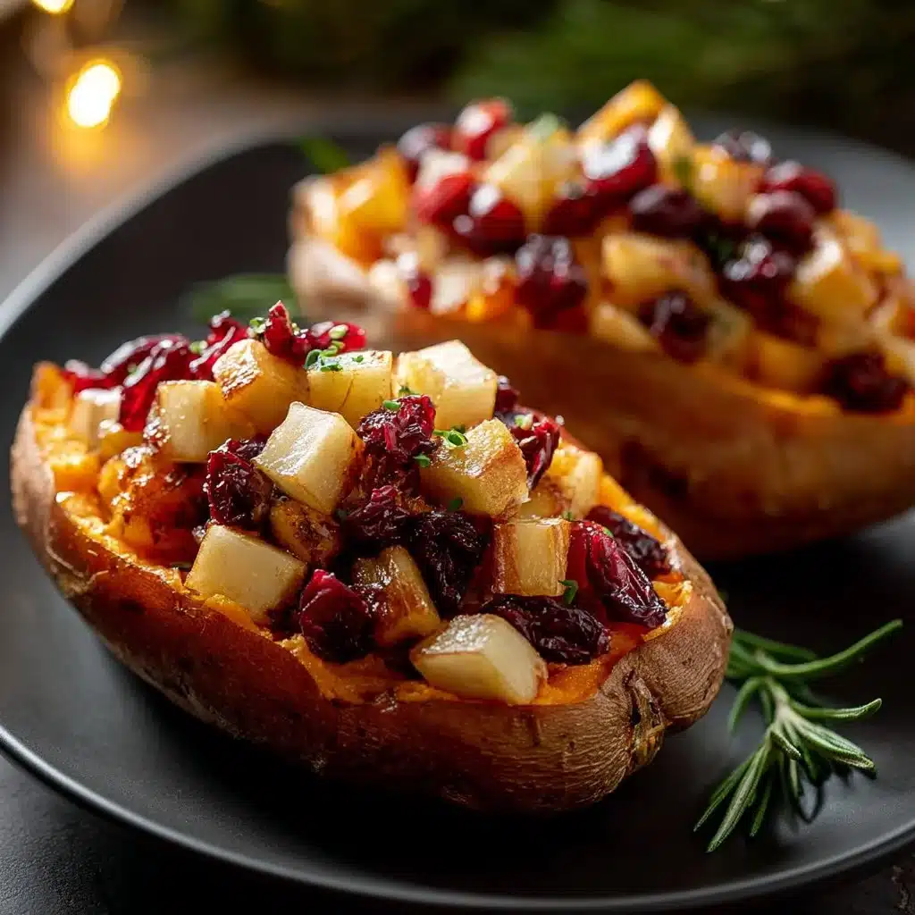 Cranberry apple twice-baked sweet potatoes served in a rustic dish.