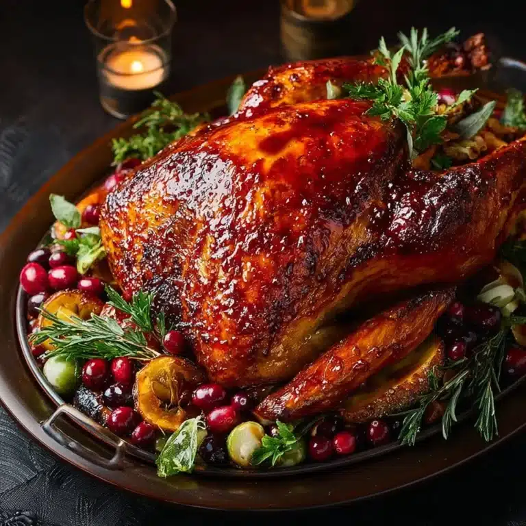 Cranberry glaze and chestnut stuffed turkey garnished with herbs