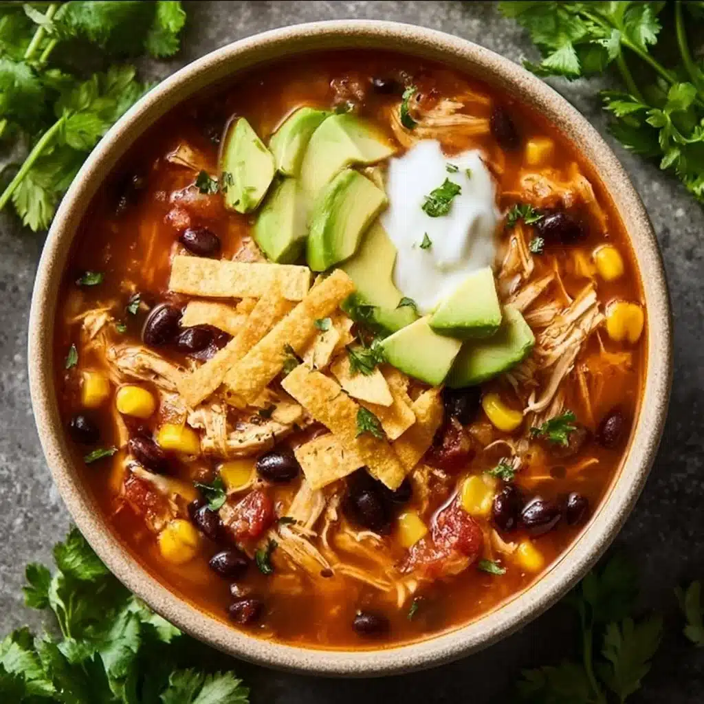 Bowl of delicious Crockpot Chicken Tortilla Soup topped with tortilla strips and cilantro