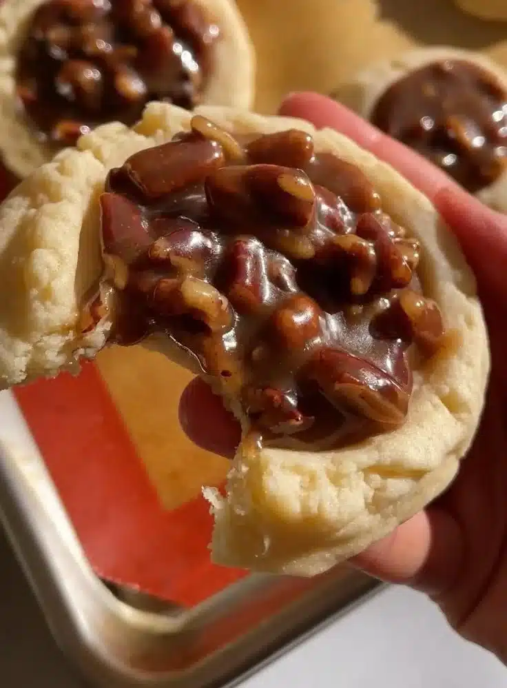 Crumbl pecan pie cookies with pecans and caramel topping on a wooden table