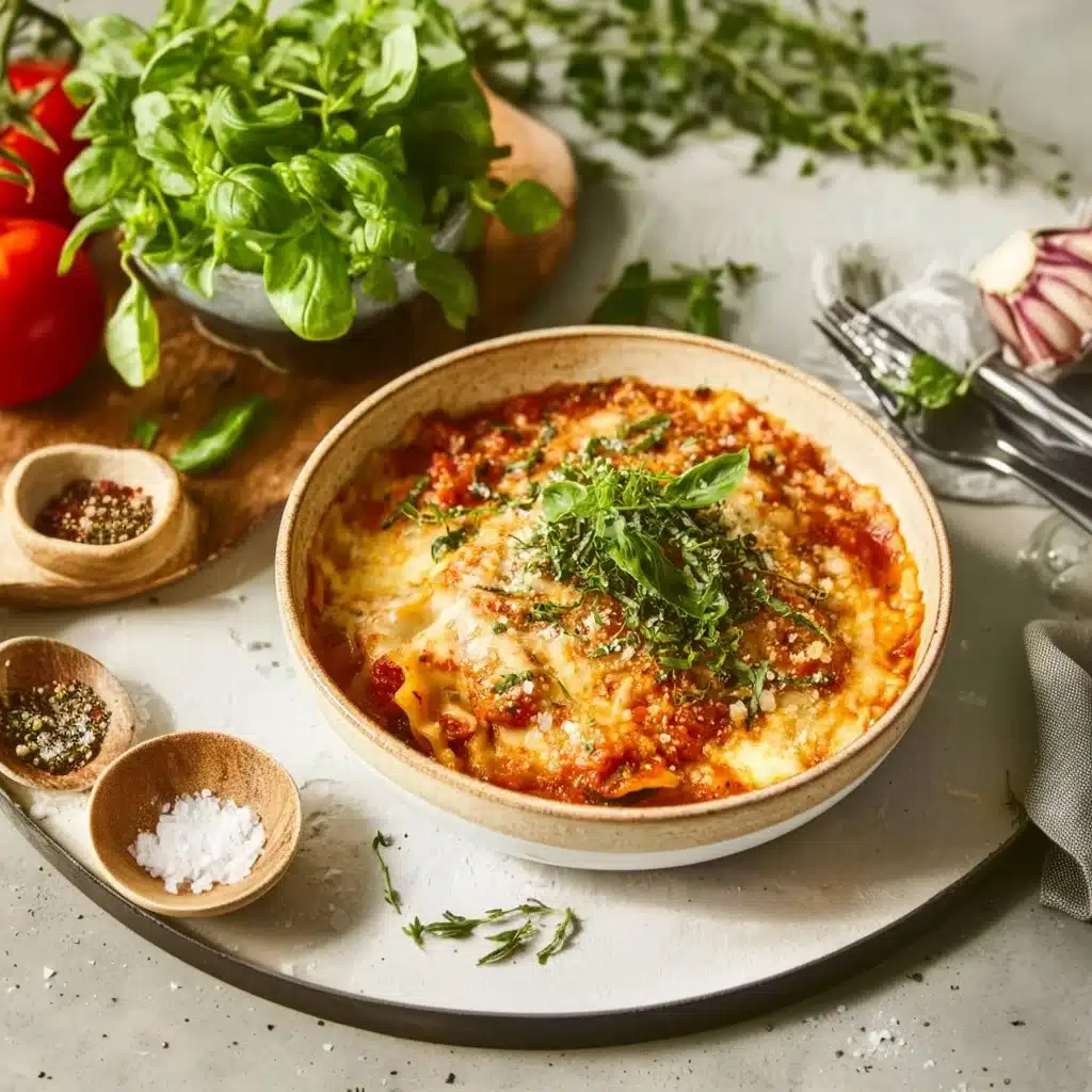 Bowl of easy creamy lasagna soup garnished with herbs and cheese