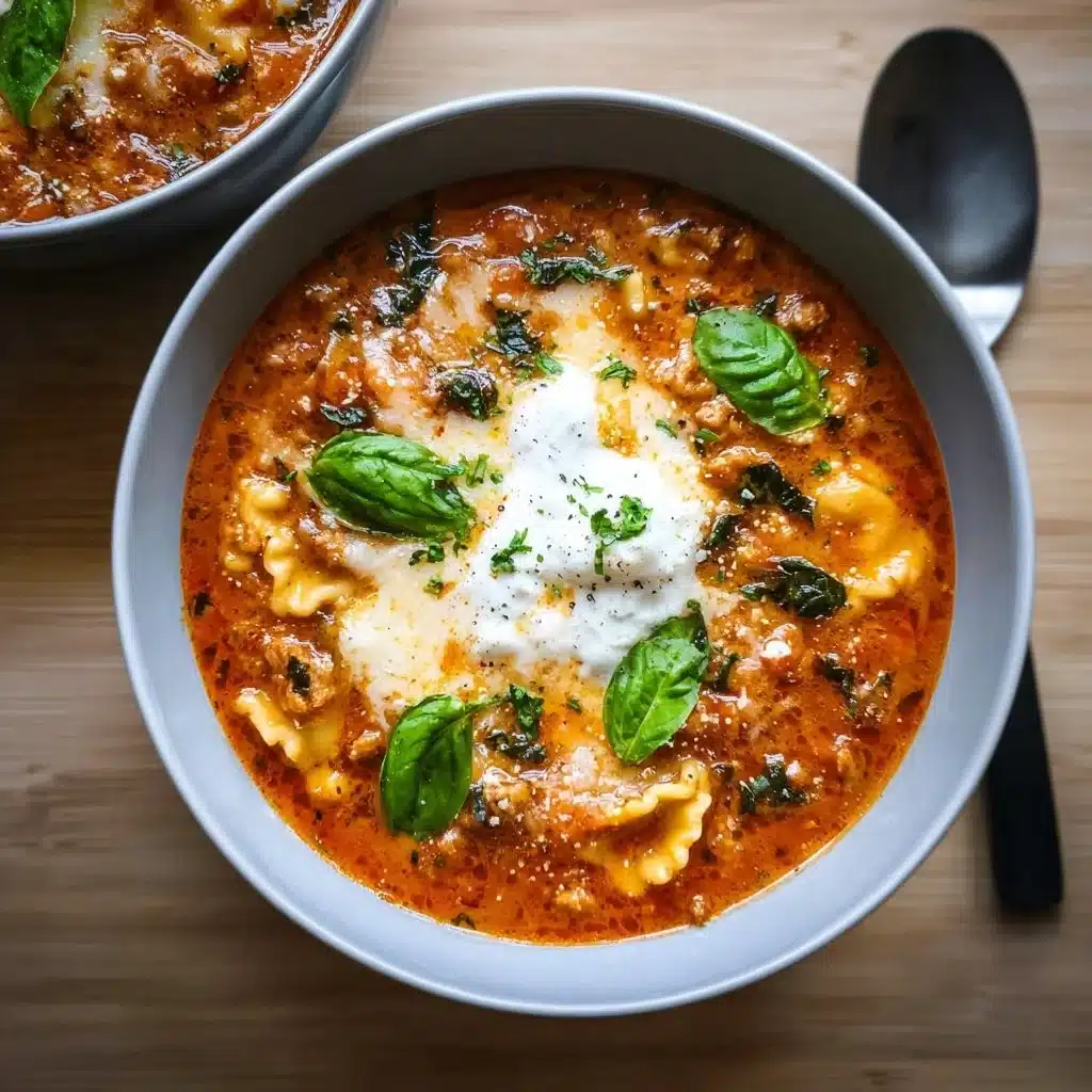 Bowl of easy high-protein lasagna soup garnished with herbs and cheese