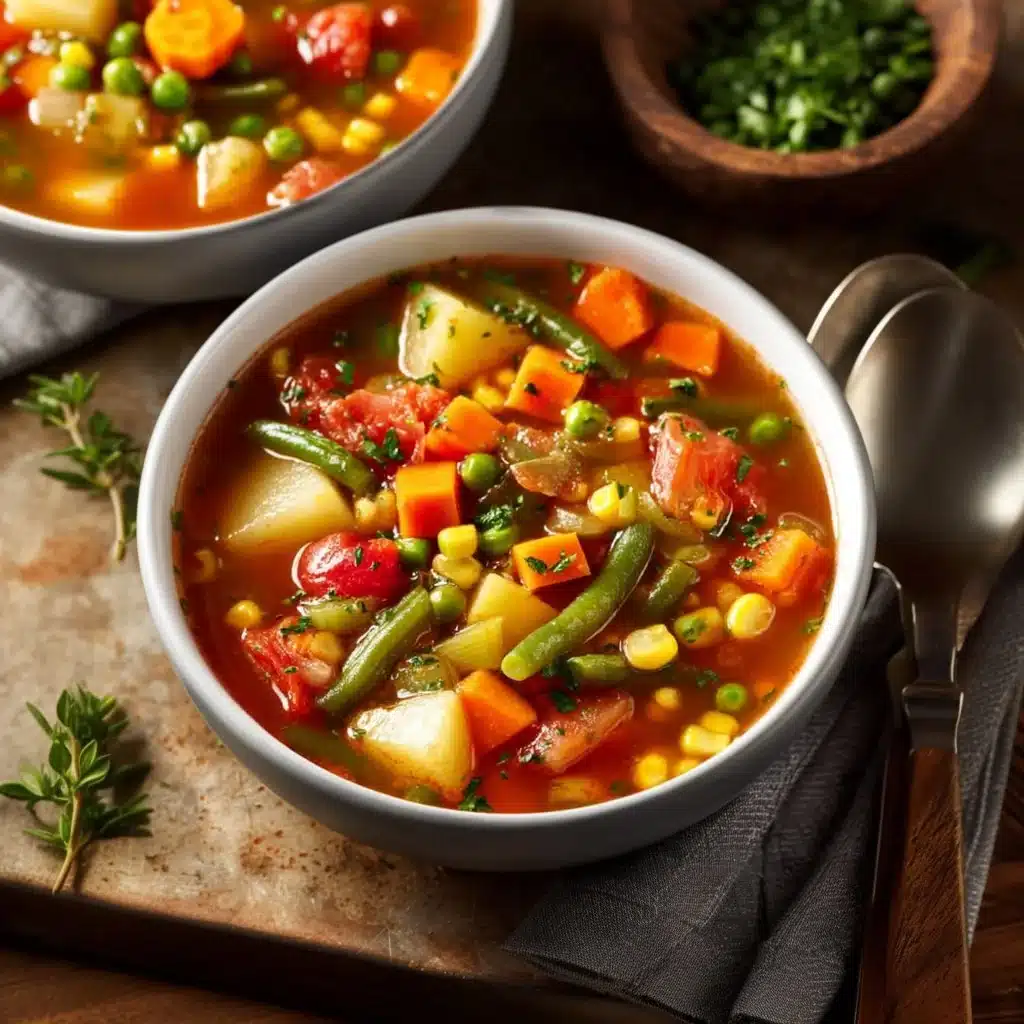 Bowl of easy homemade vegetable soup with fresh vegetables and herbs