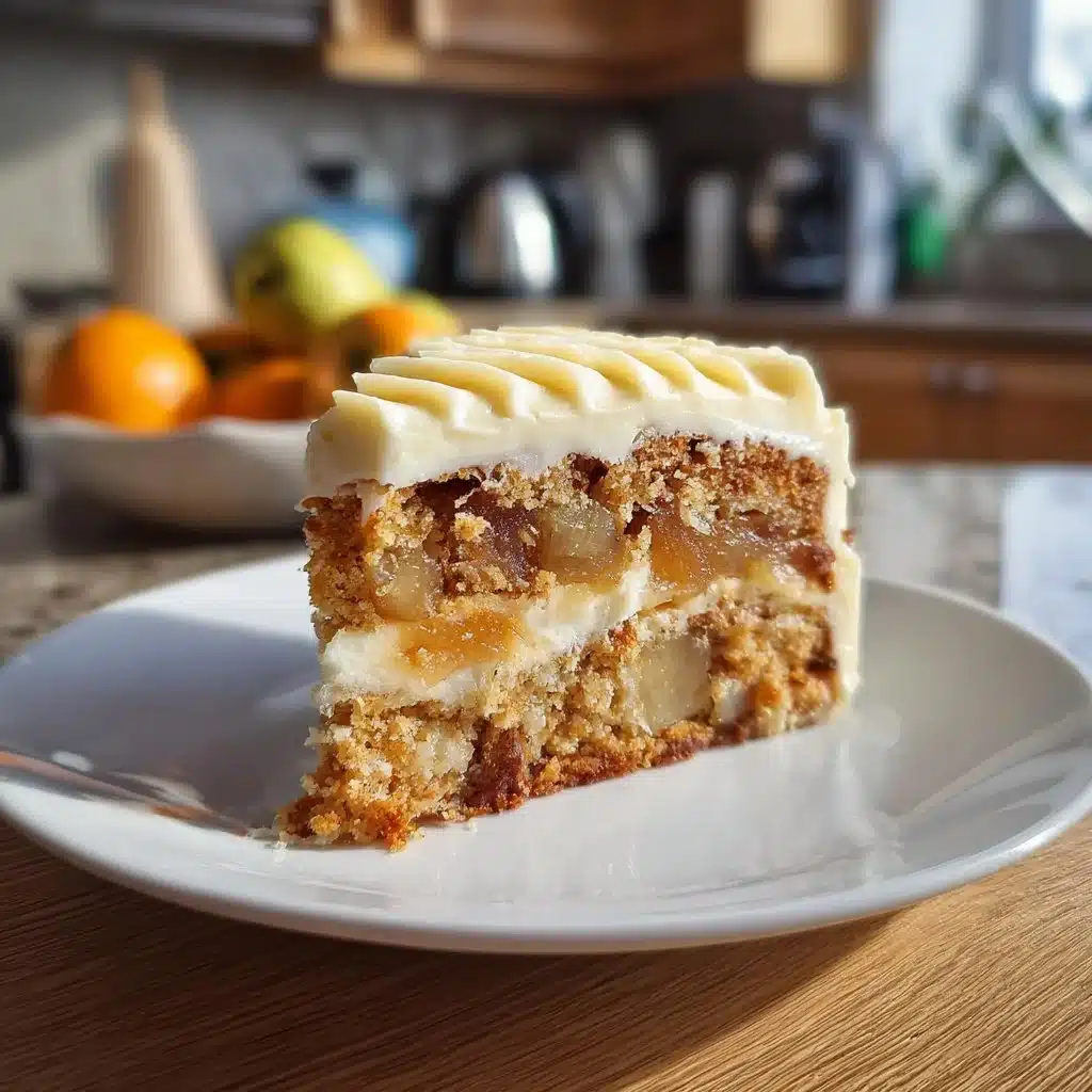 Fresh apple cake topped with creamy cream cheese frosting served on a plate