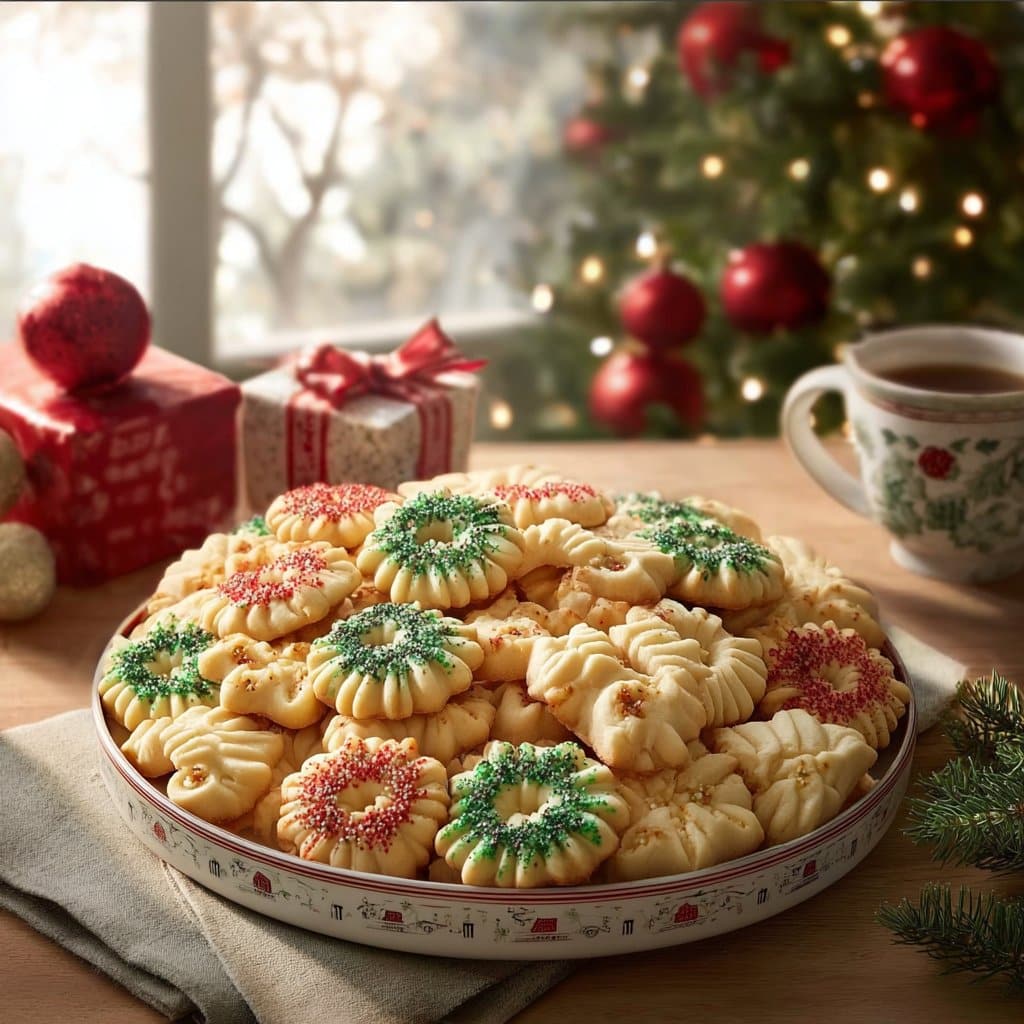 Delicious easy Christmas spritz cookies arranged on a festive platter