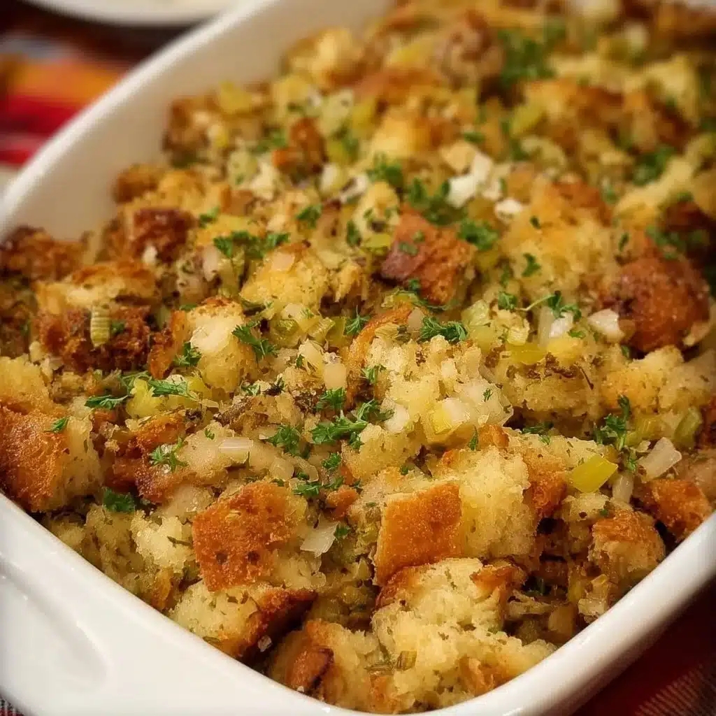 A bowl of Grandma's Thanksgiving stuffing with herbs and spices.