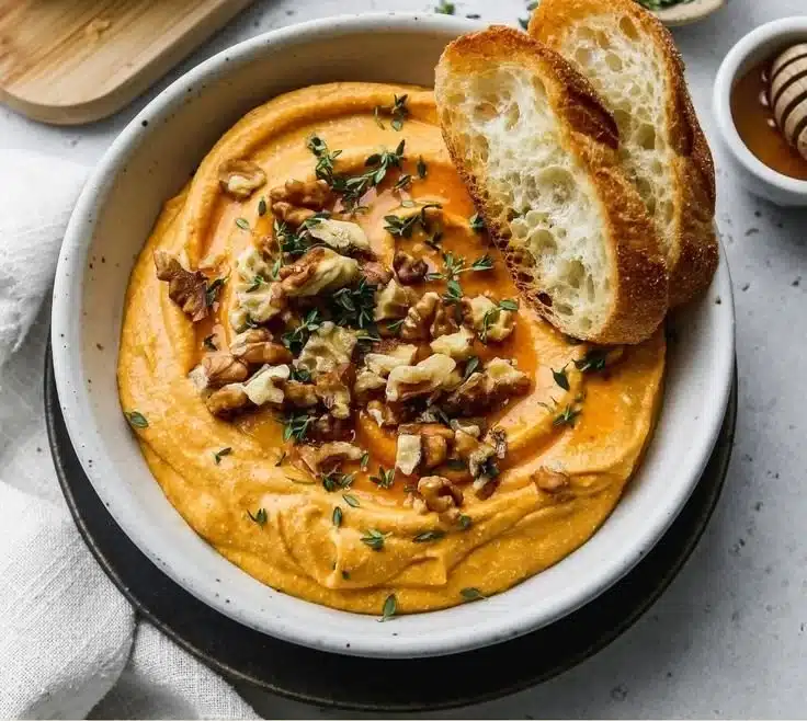 Pumpkin Whipped Feta Dip in a bowl with pumpkin seeds and herbs on top