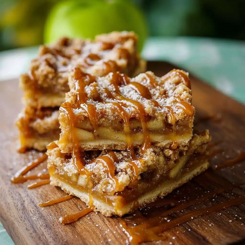 Delicious salted caramel apple pie bars topped with drizzled caramel