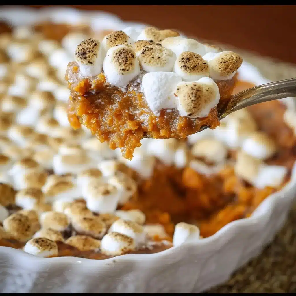 Delicious sweet potato casserole topped with toasted marshmallows