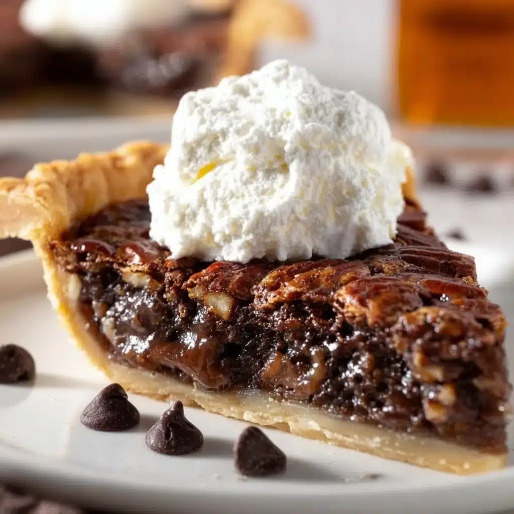 Delicious bourbon chocolate pecan pie served on a dessert plate