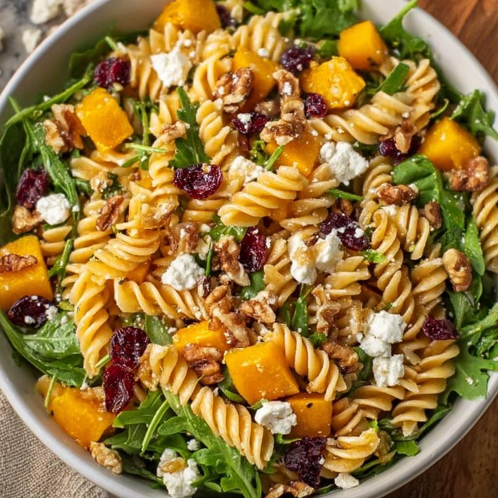 Colorful fall harvest pasta salad with seasonal ingredients in a bowl.