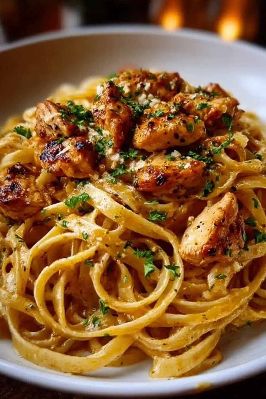 Dish of Cowboy Butter Chicken Linguine garnished with herbs.