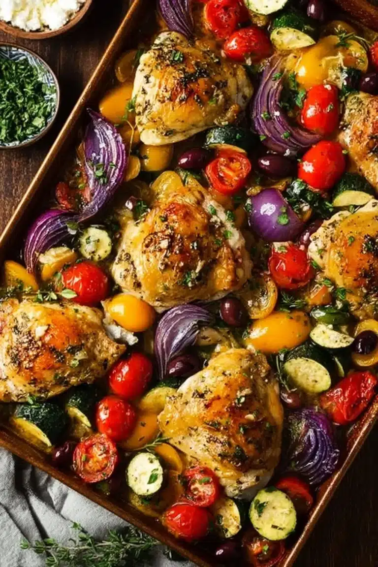 Cozy Greek Sheet Pan Chicken with vibrant vegetables on a baking tray.
