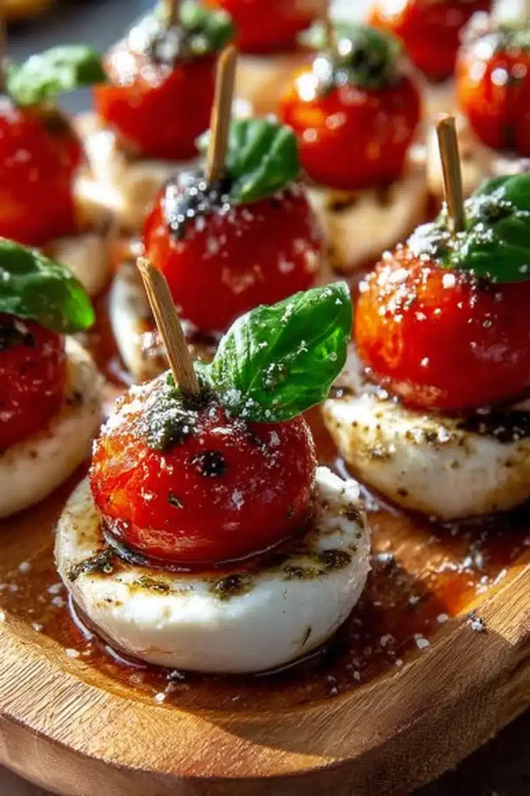 Cozy mini Caprese bites stacked with fresh mozzarella, tomatoes, and basil.