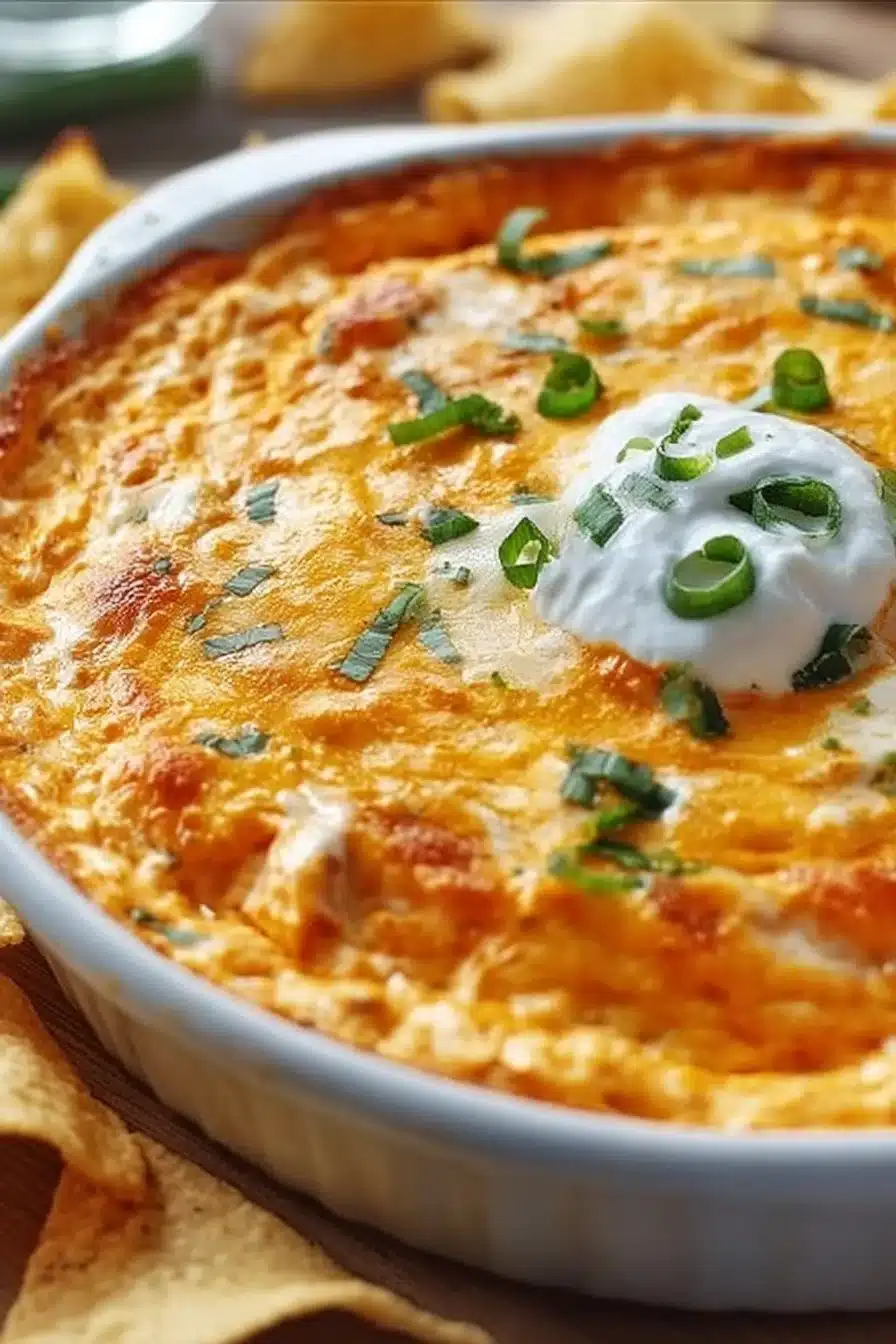 Creamy buffalo chicken dip served in a bowl with tortilla chips