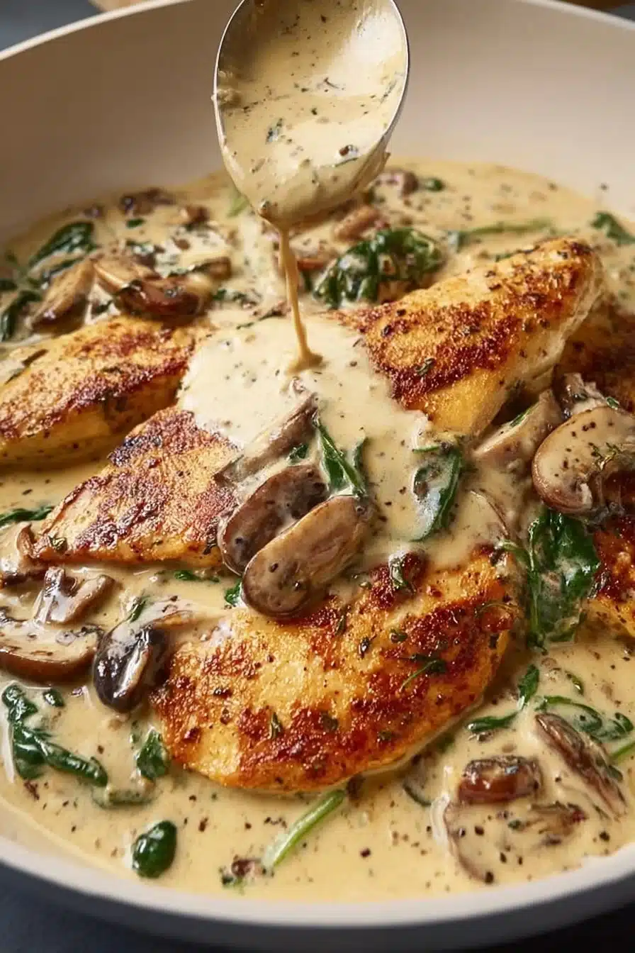 Creamy mushroom chicken dish served with herbs and spices