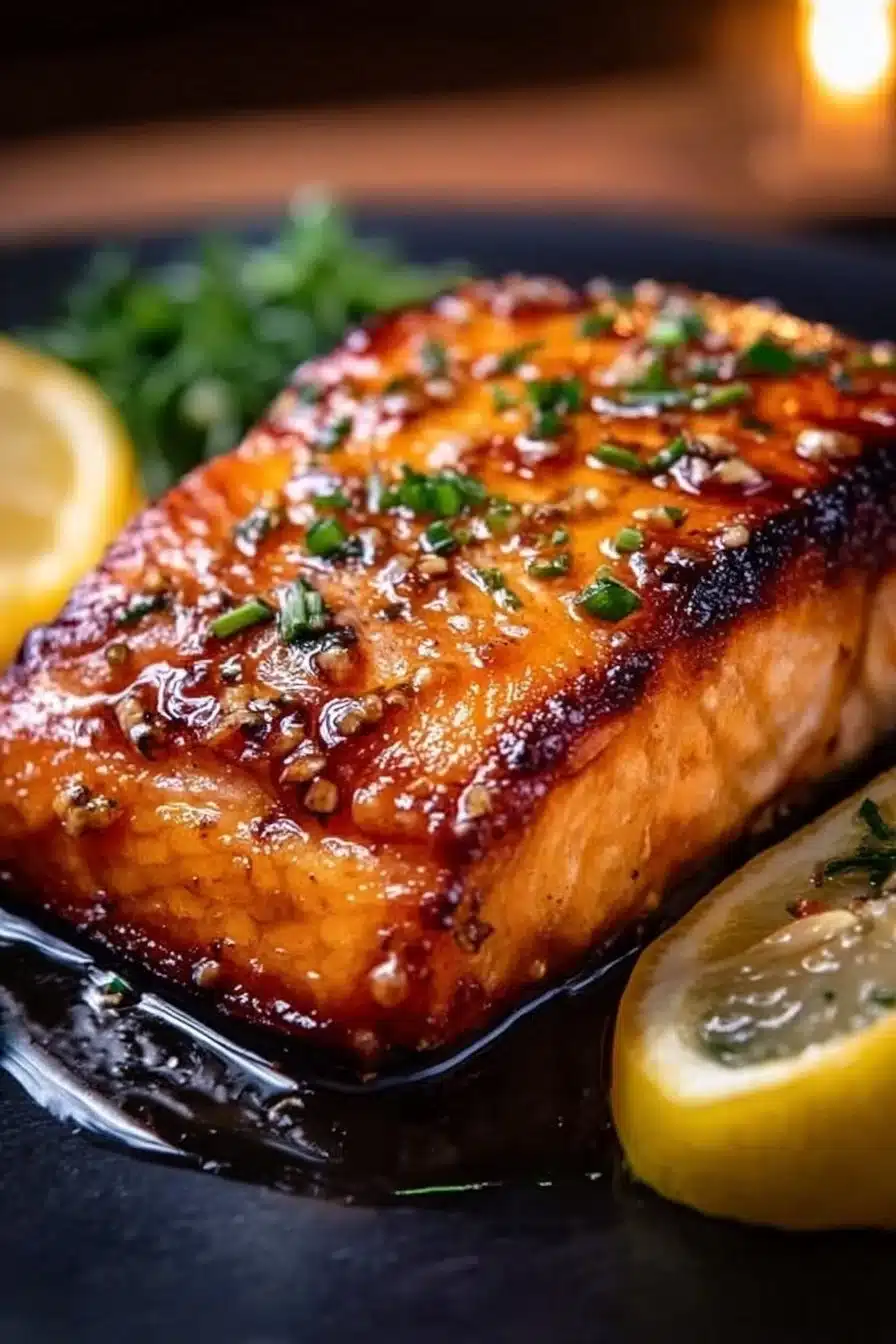 Crispy honey garlic glazed salmon served on a plate with vegetables