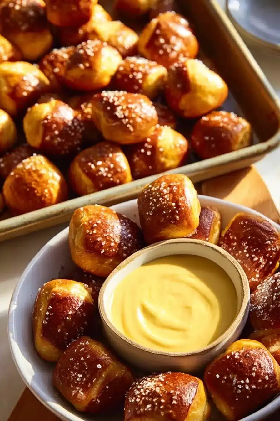 Image of deliciously soft pretzel bites served with dipping sauce