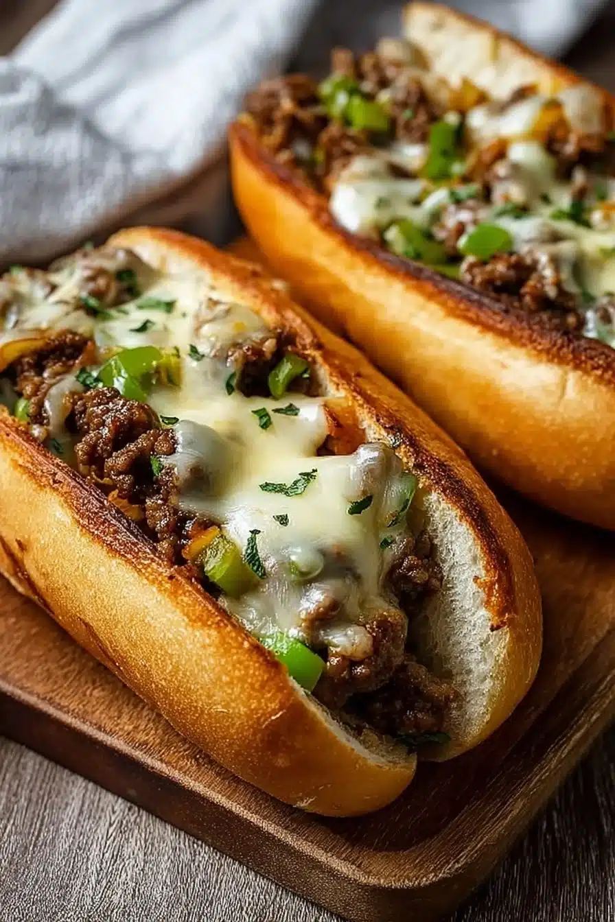 Delicious Ground Beef Philly Cheesesteaks served on a fresh hoagie roll