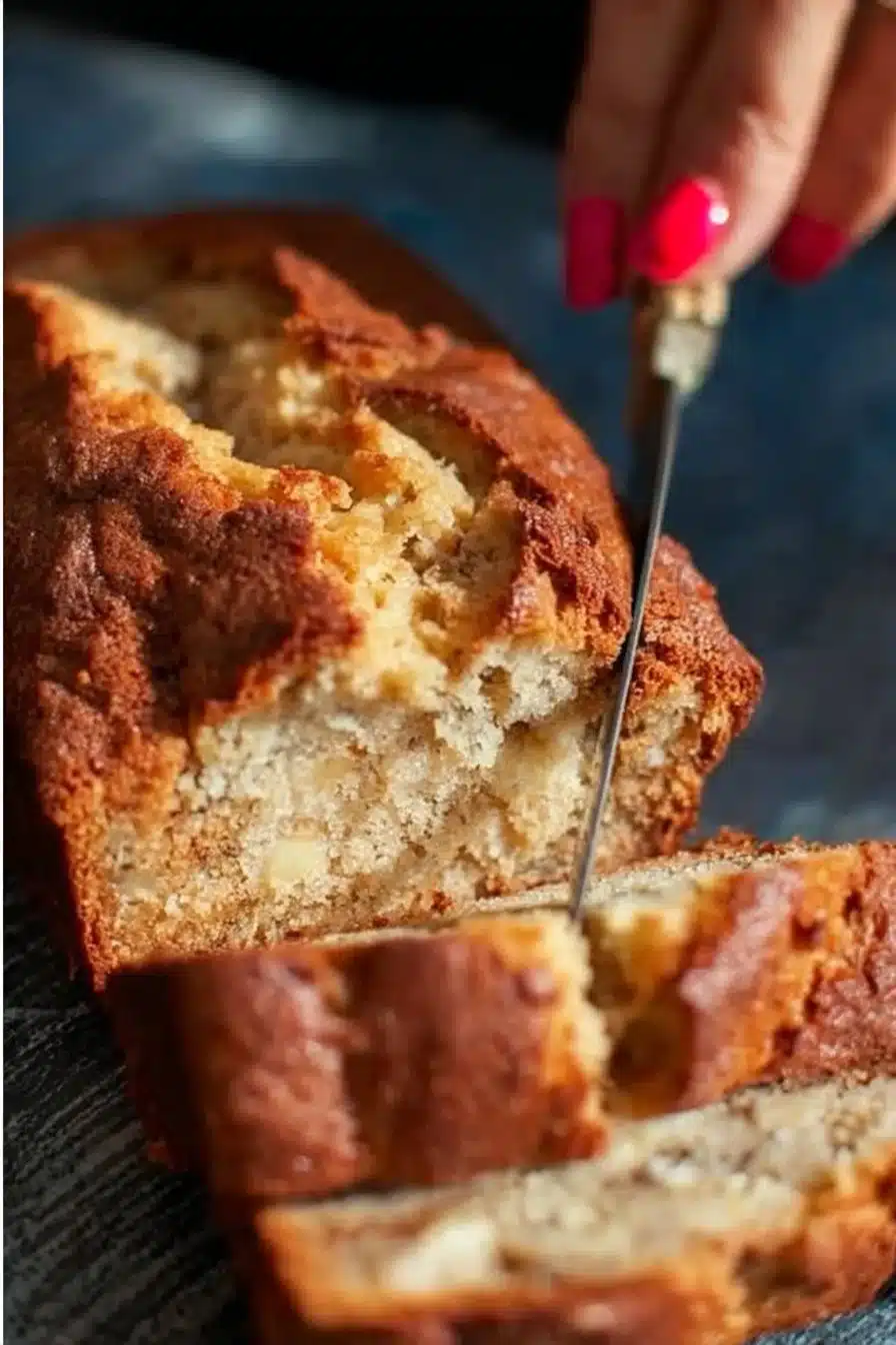 Loaf of moist banana bread freshly baked and sliced