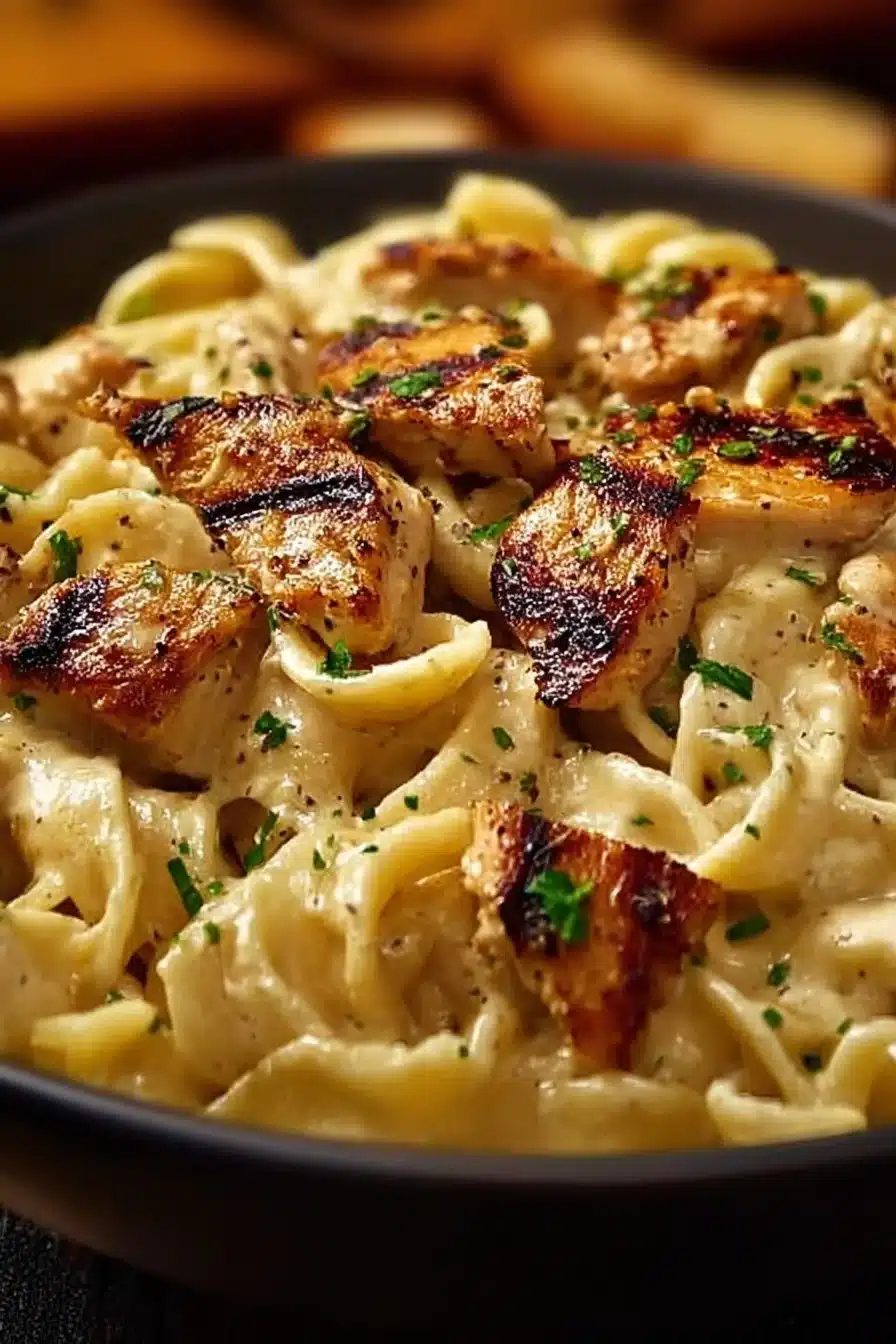 Delicious plate of savory Cajun chicken pasta with vibrant vegetables.