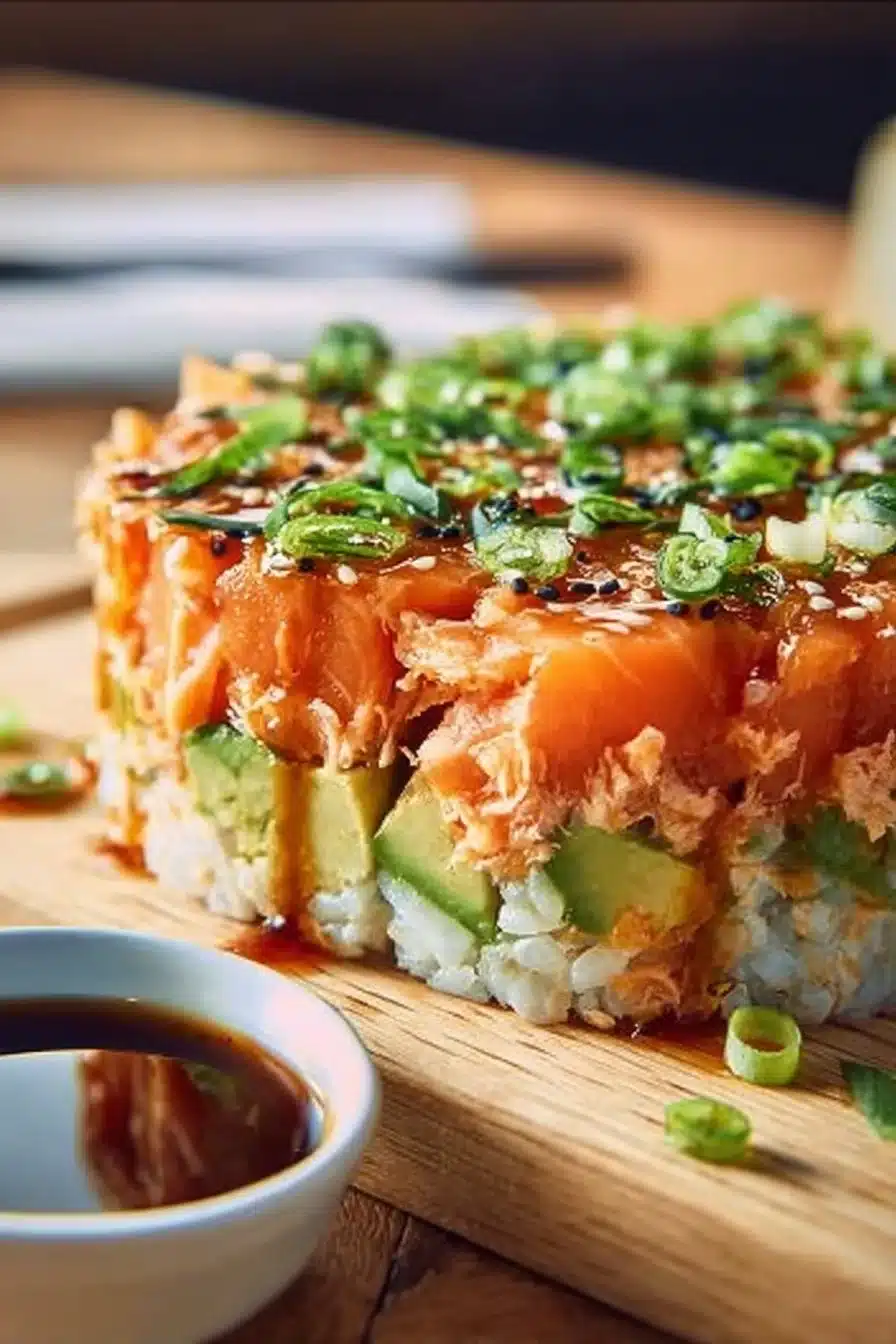 Delicious Spicy Salmon Sushi Bake topped with creamy sauce and garnished