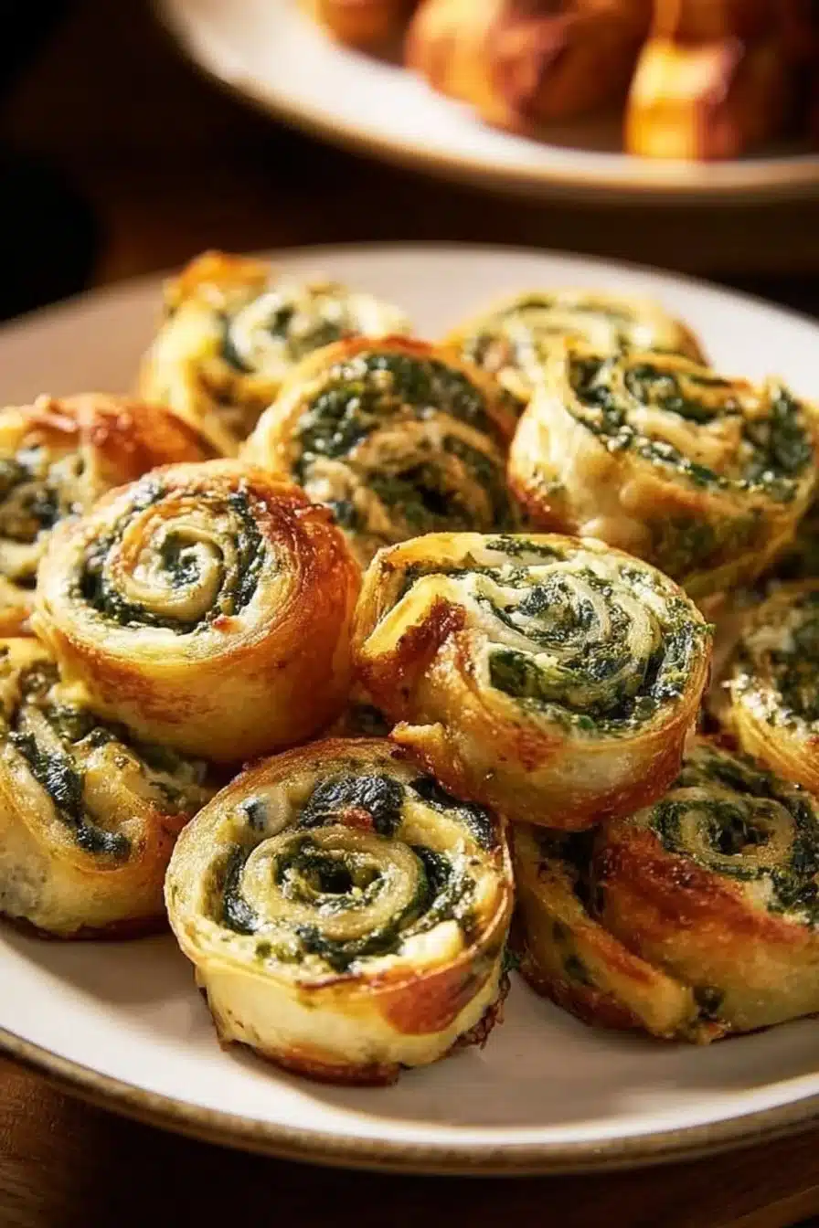 Bite-sized pinwheels filled with creamy spinach dip on a platter.