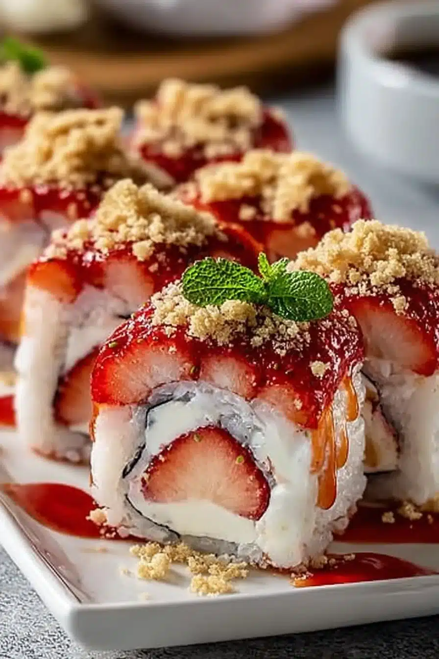 Strawberry shortcake sushi roll dessert with fresh strawberries and whipped cream