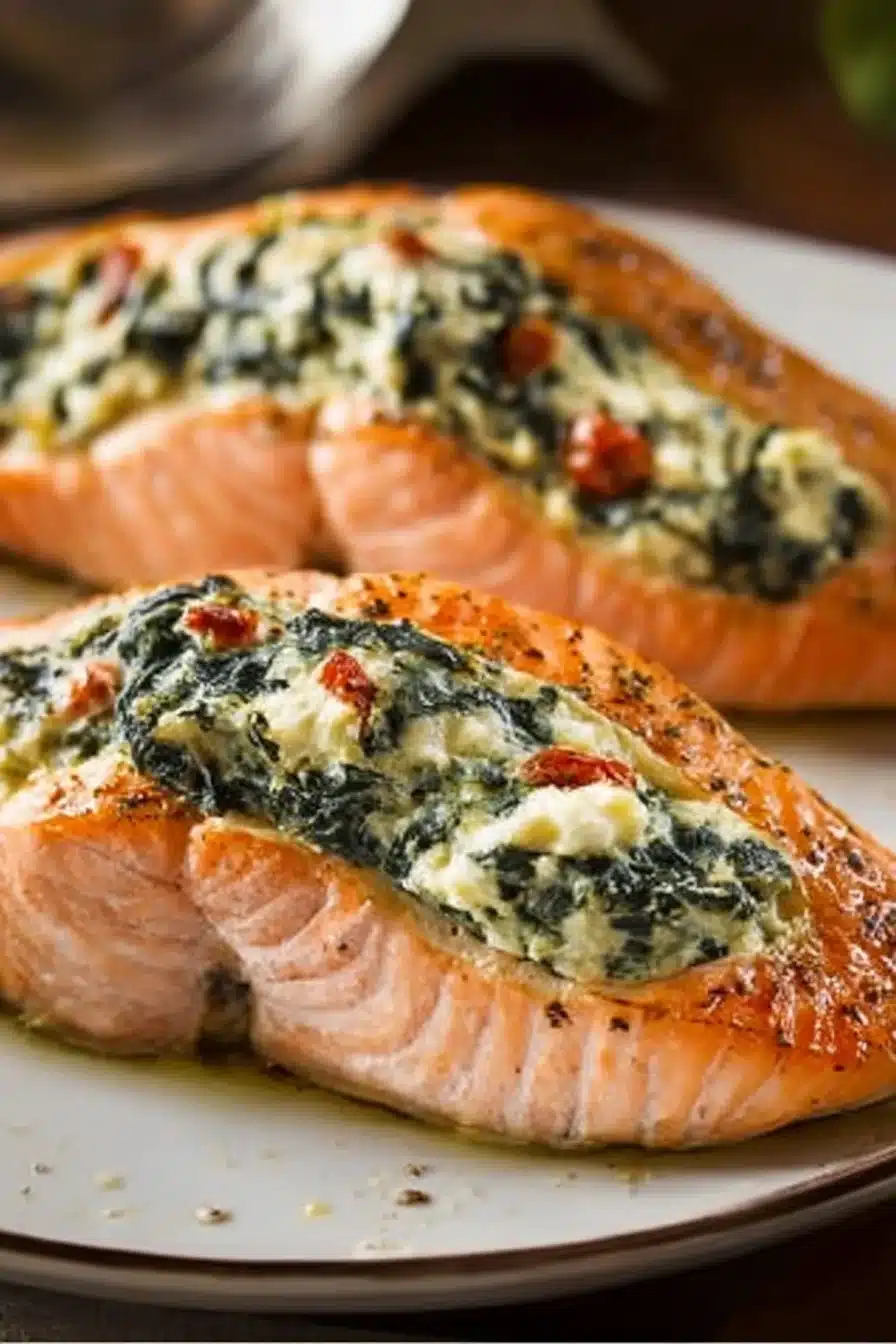 Delicious stuffed salmon with spinach and feta served on a plate.