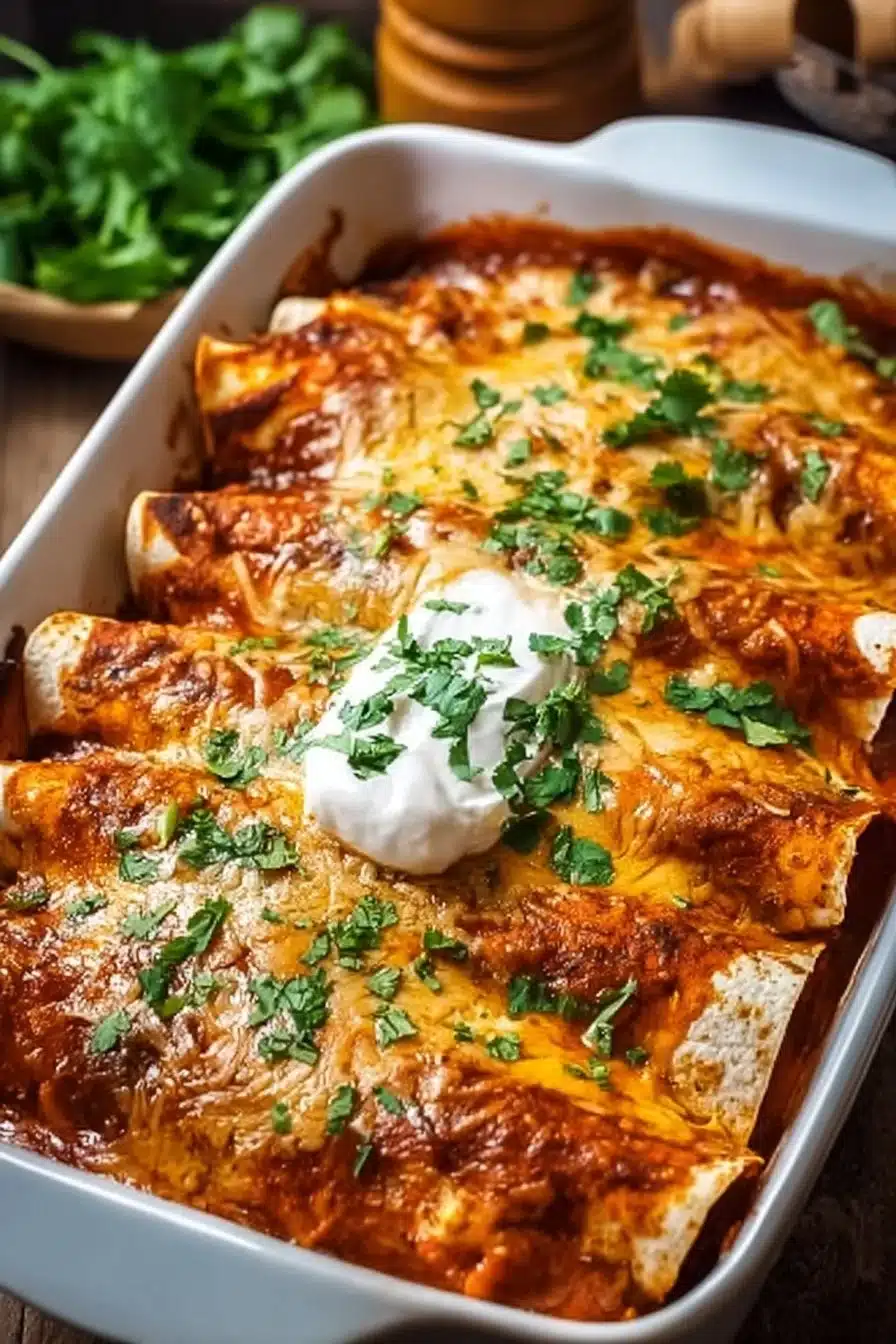 Delicious quick and easy chicken enchiladas topped with cheese and garnished with cilantro.