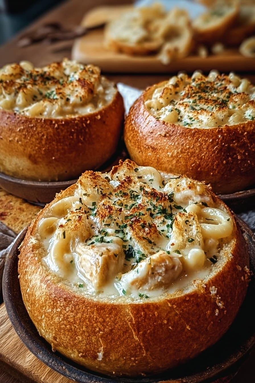 Chicken Alfredo Garlic Bread Bowls