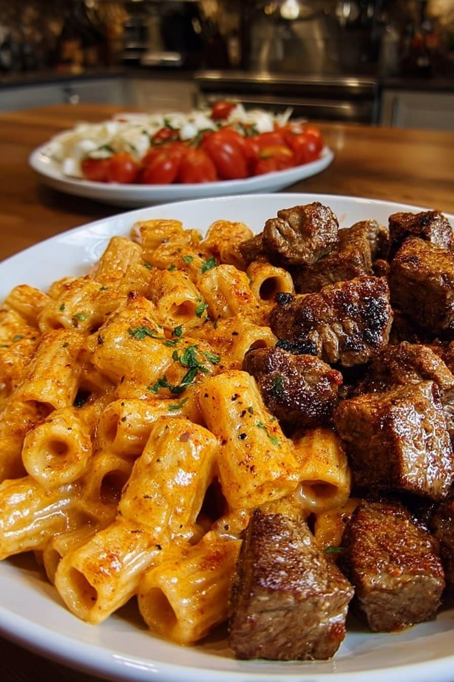 Cajun Steak Tips with Cheesy Rigatoni
