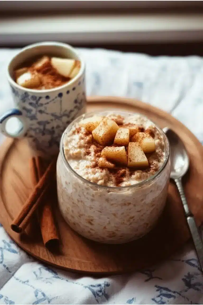 Bowl of apple cinnamon overnight oats topped with fresh apple slices and cinnamon