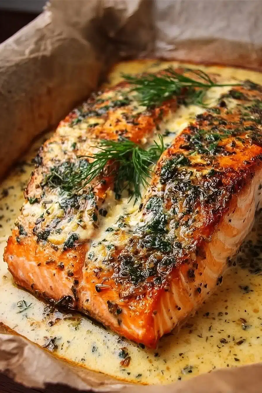 Baked Boursin Salmon topped with herbs and cheese