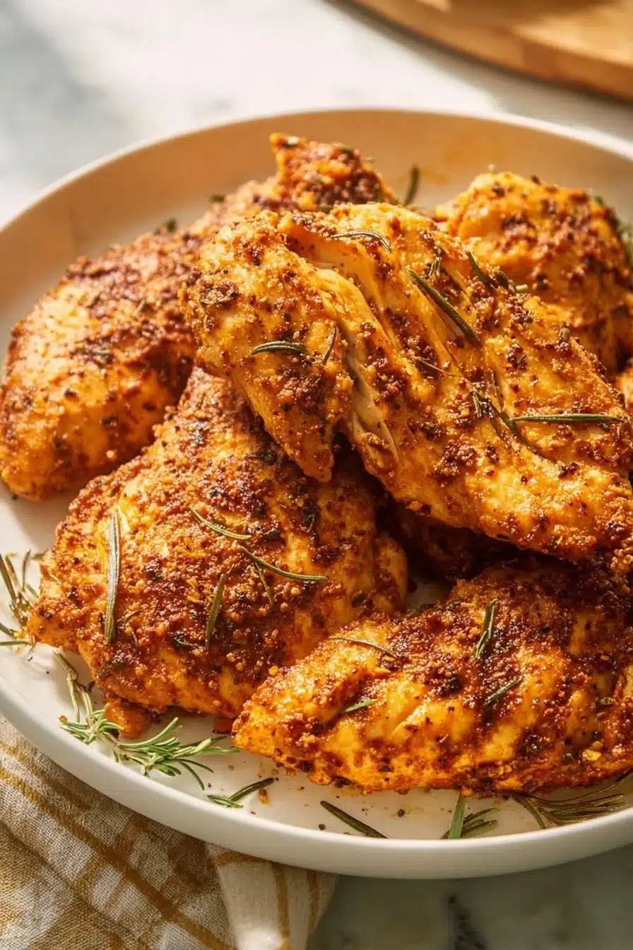 Juicy baked chicken breast served with herbs and spices on a plate
