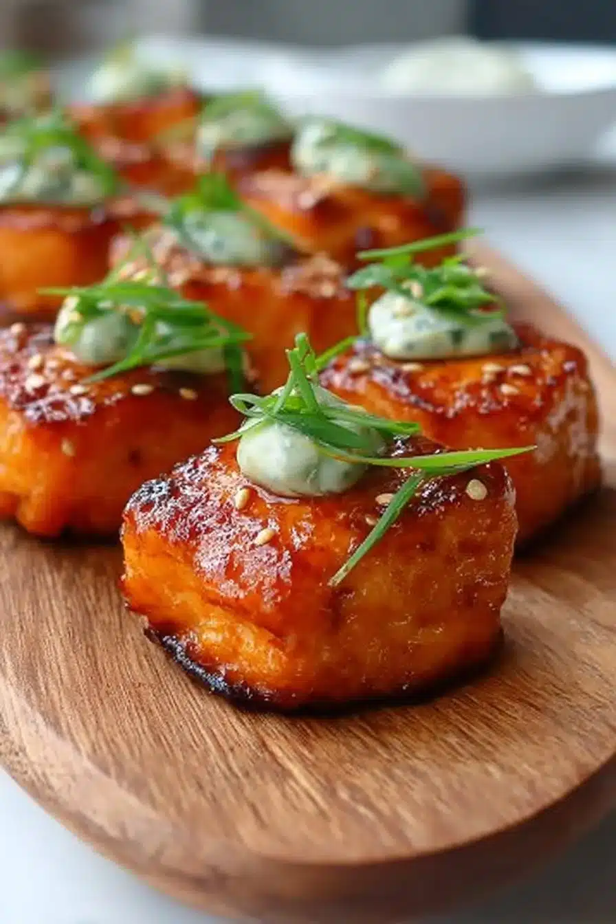 Crispy Bang Bang Salmon Bites served on a plate, garnished and ready to enjoy.