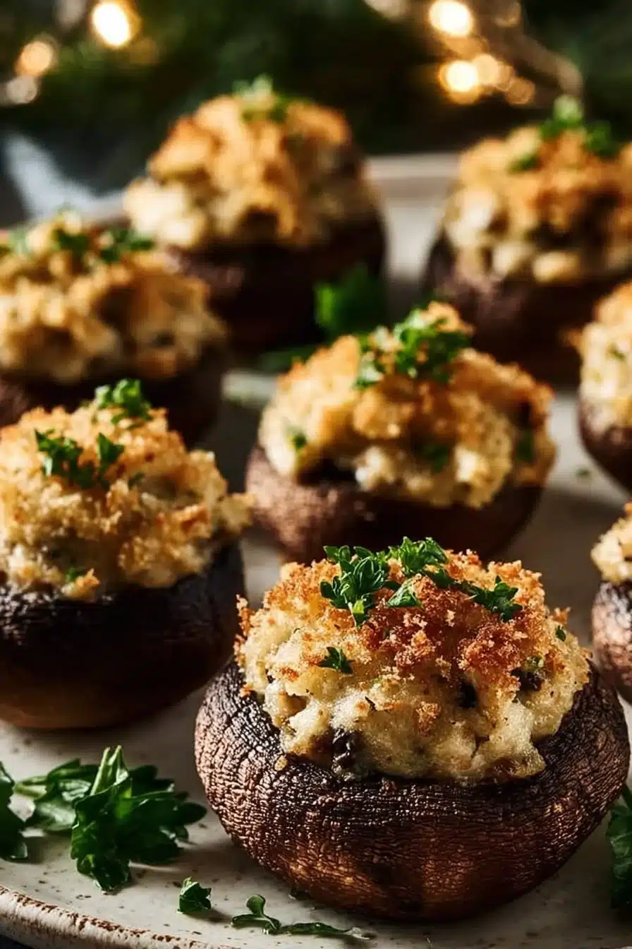 Deliciously stuffed mushrooms perfect for Christmas gatherings and holiday celebrations.