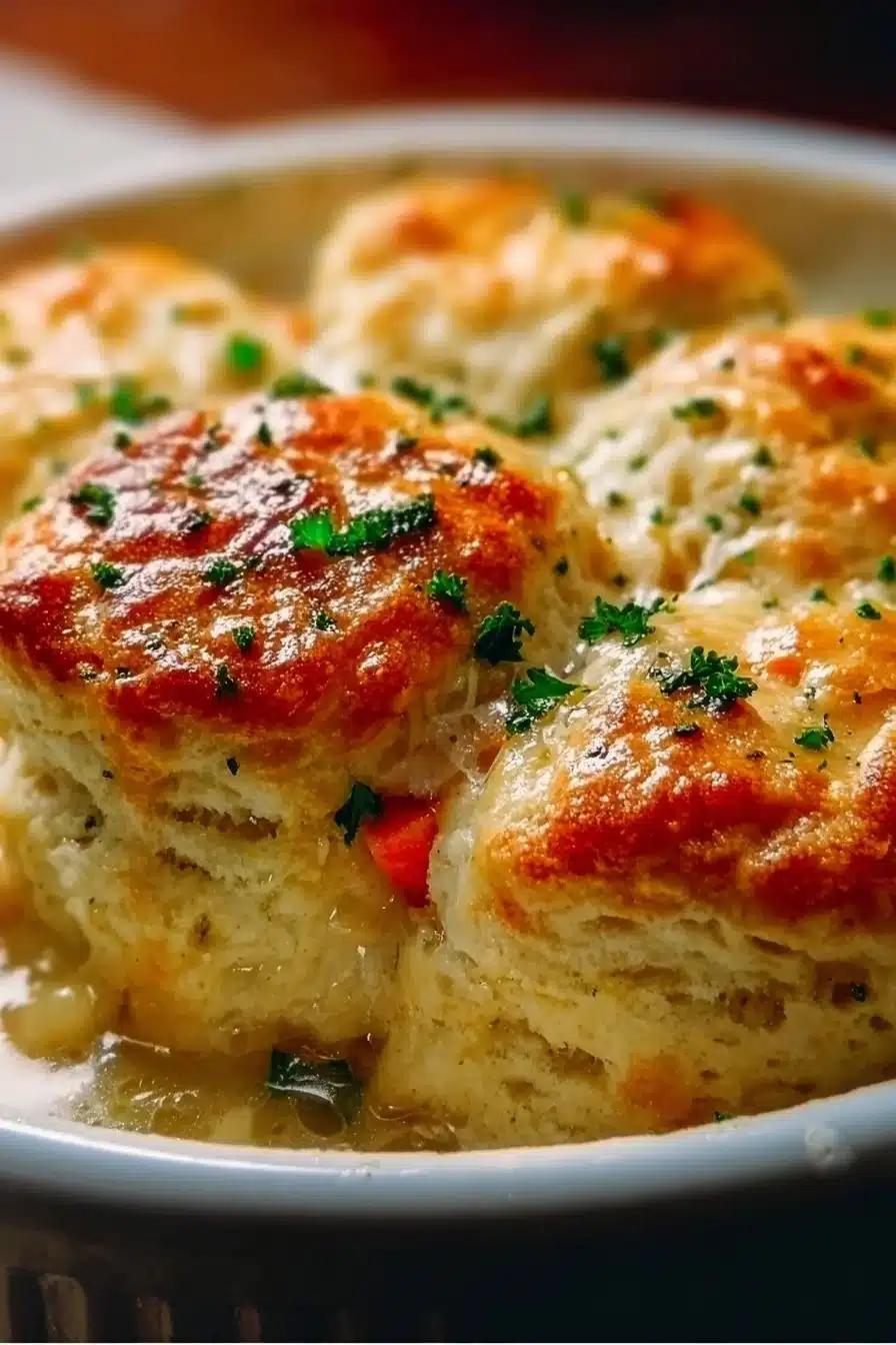 Biscuit Chicken Pot Pie with golden biscuits and a creamy chicken filling.