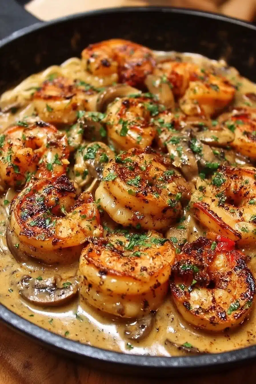 Plate of blackened shrimp stroganoff garnished with parsley and served with noodles