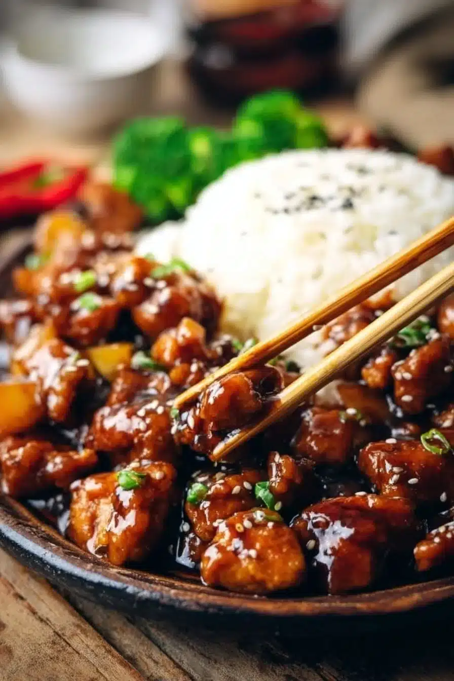 Plate of Bourbon Chicken garnished with scallions and served with rice