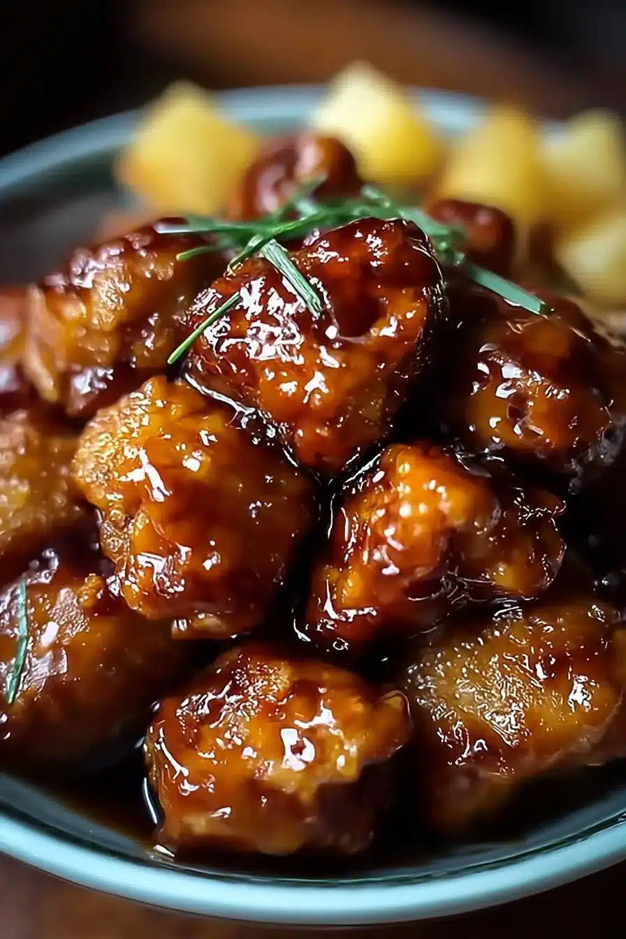 Delicious Brown Sugar Pineapple Chicken served on a plate with herbs