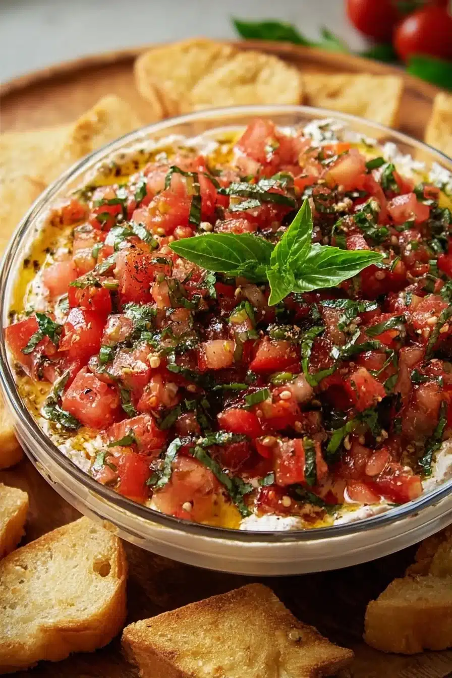 Delicious bruschetta dip served in a bowl with fresh ingredients