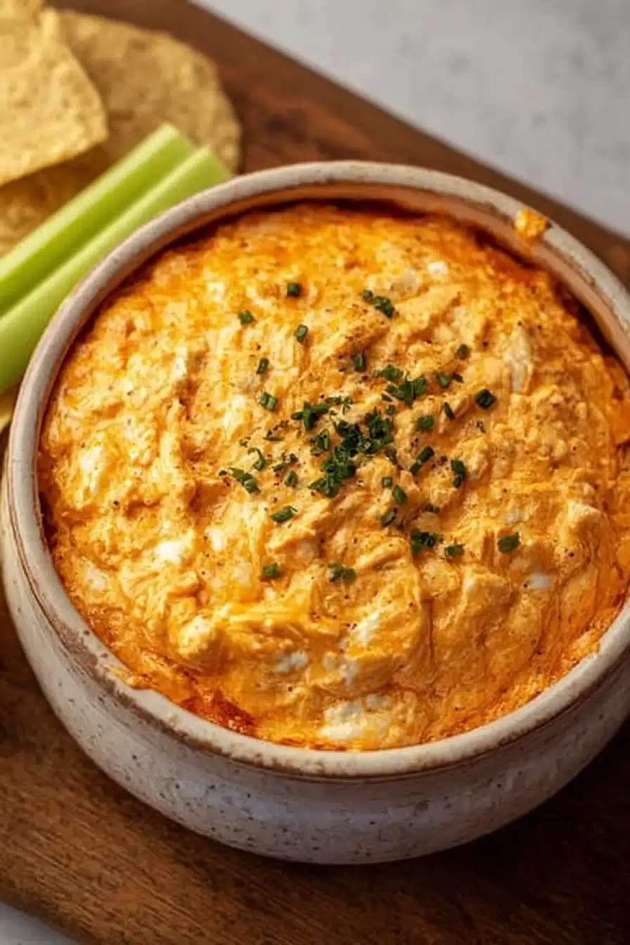 Crock Pot Buffalo Chicken Dip served in a bowl with tortilla chips